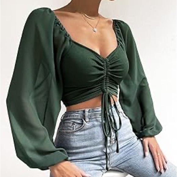 Dark Green Crop Top Scrunch Tie Long Puffer Sheer Sleeve - Picture 2 of 5
